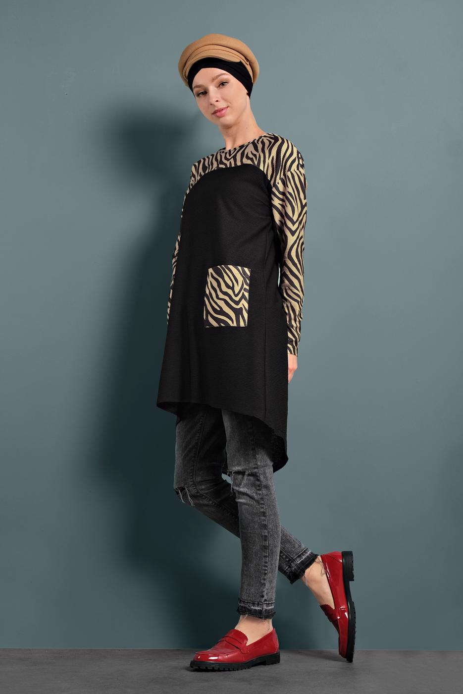 Tesettür giyim SİYAH ALVİNA ZEBRA DESENLİ TUNİK 40357 