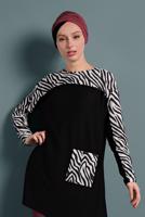 Tesettür giyim SİYAH ALVİNA ZEBRA DESENLİ TUNİK 40357 