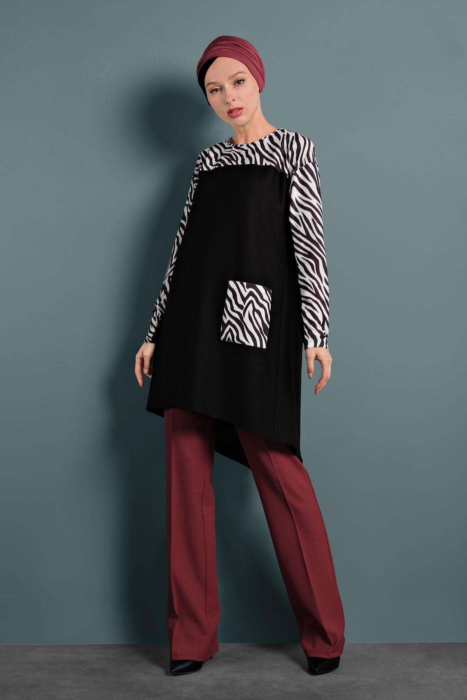 Tesettür giyim SİYAH ALVİNA ZEBRA DESENLİ TUNİK 40357 