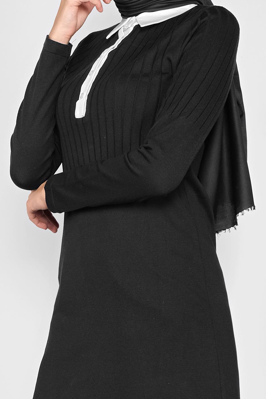 Tesettür giyim SİYAH POLO YAKA KENDİNDEN DESENLİ TRİKO TUNIC 41016 