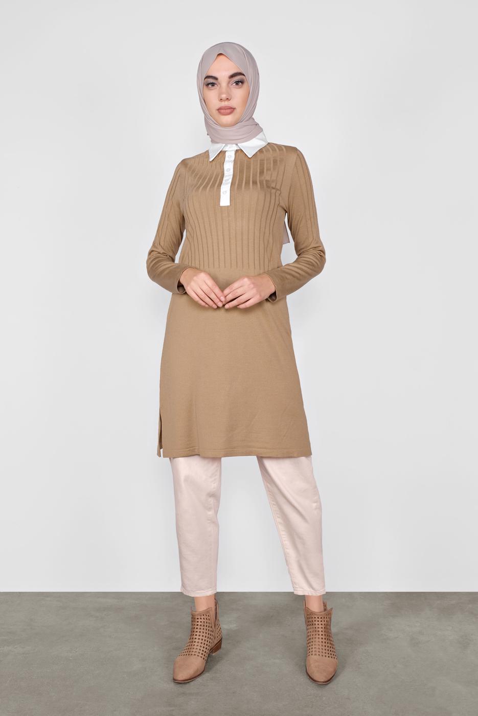 Tesettür giyim KAHVE POLO YAKA KENDİNDEN DESENLİ TRİKO TUNIC 41016 