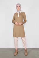 Tesettür giyim KAHVE POLO YAKA KENDİNDEN DESENLİ TRİKO TUNIC 41016 