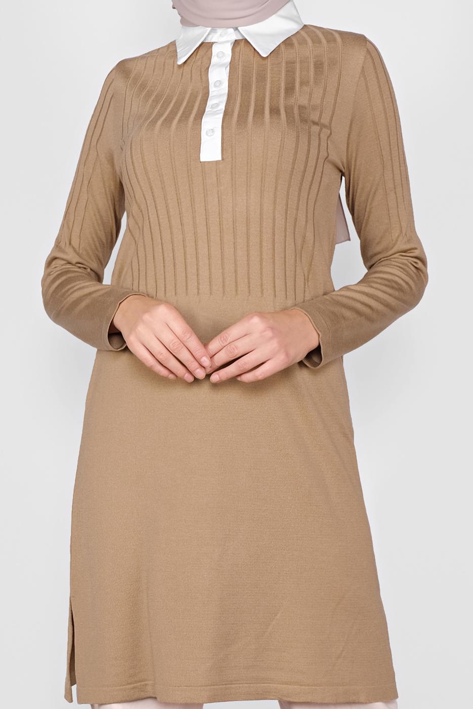 Tesettür giyim KAHVE POLO YAKA KENDİNDEN DESENLİ TRİKO TUNIC 41016 