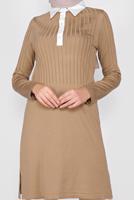 Tesettür giyim KAHVE POLO YAKA KENDİNDEN DESENLİ TRİKO TUNIC 41016 