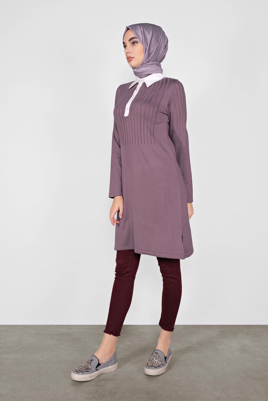 Tesettür giyim MOR POLO YAKA KENDİNDEN DESENLİ TRİKO TUNIC 41016 