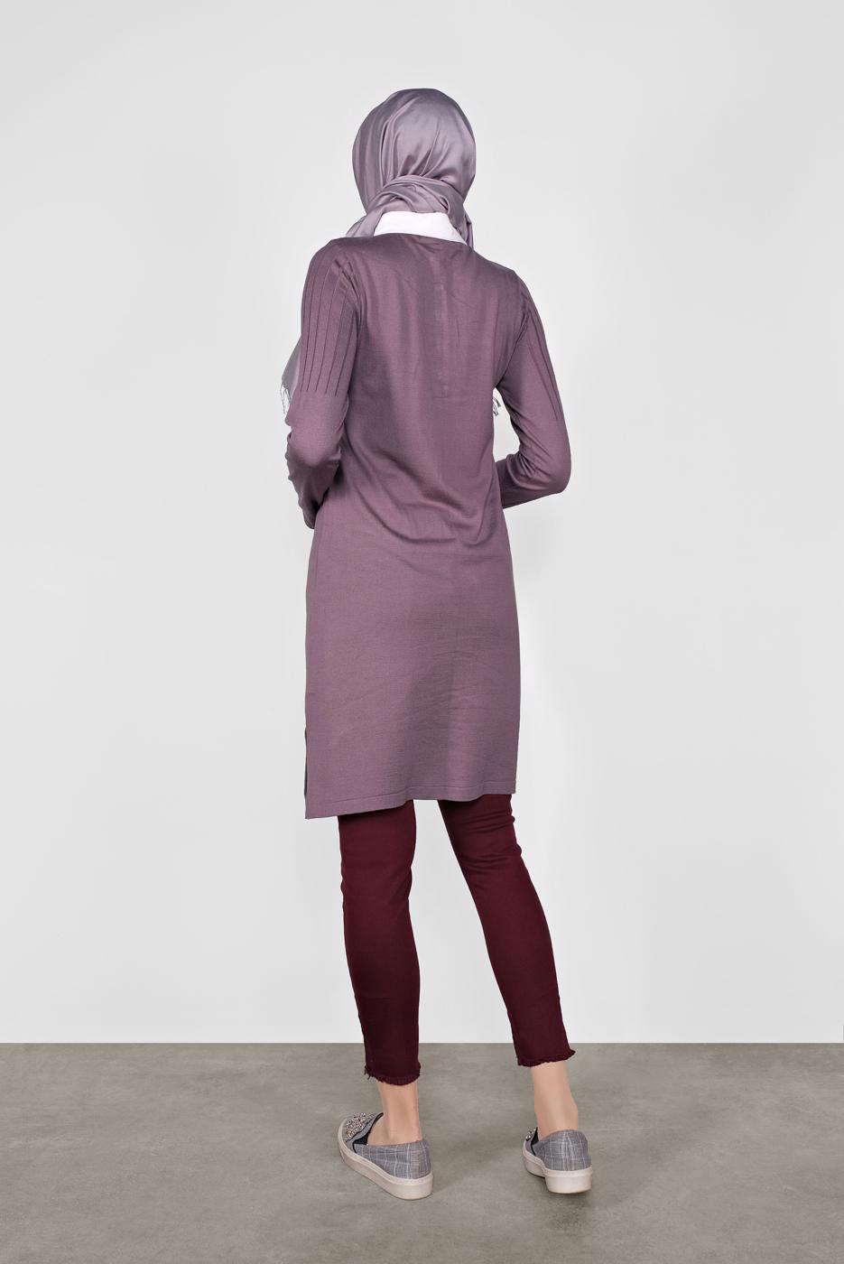 Tesettür giyim MOR POLO YAKA KENDİNDEN DESENLİ TRİKO TUNIC 41016 