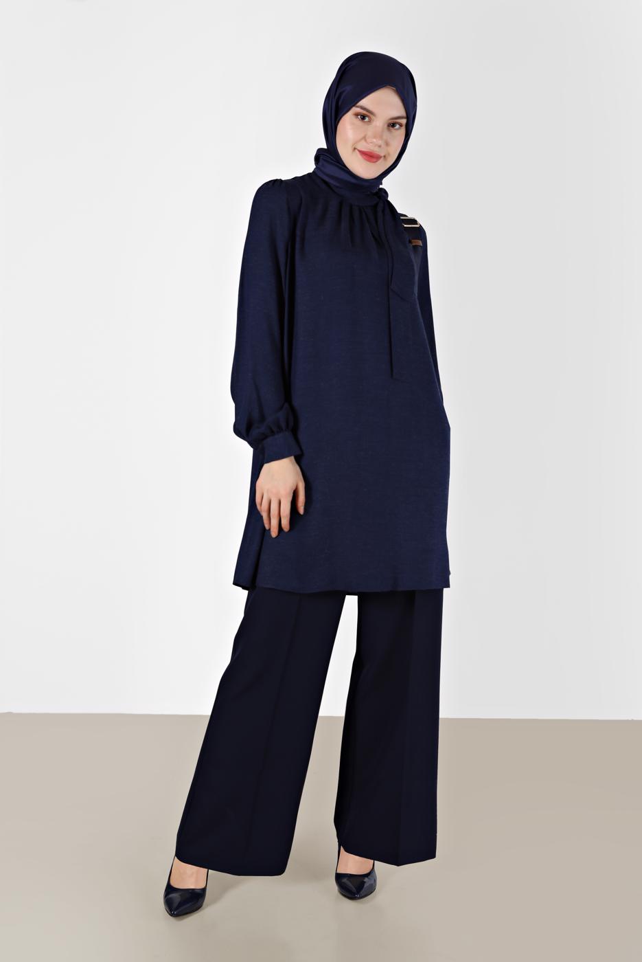 Tesettür giyim LACİVERT ALVİNA BAĞLAMA DETAYLI TUNİK T 42259-1