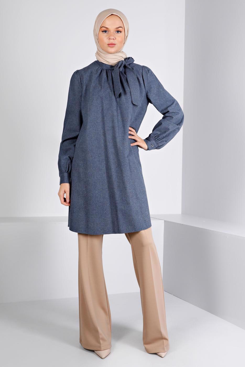 Tesettür giyim LACİVERT ALVİNA BAĞLAMA DETAYLI PAMUKLU TUNİK  T 42259