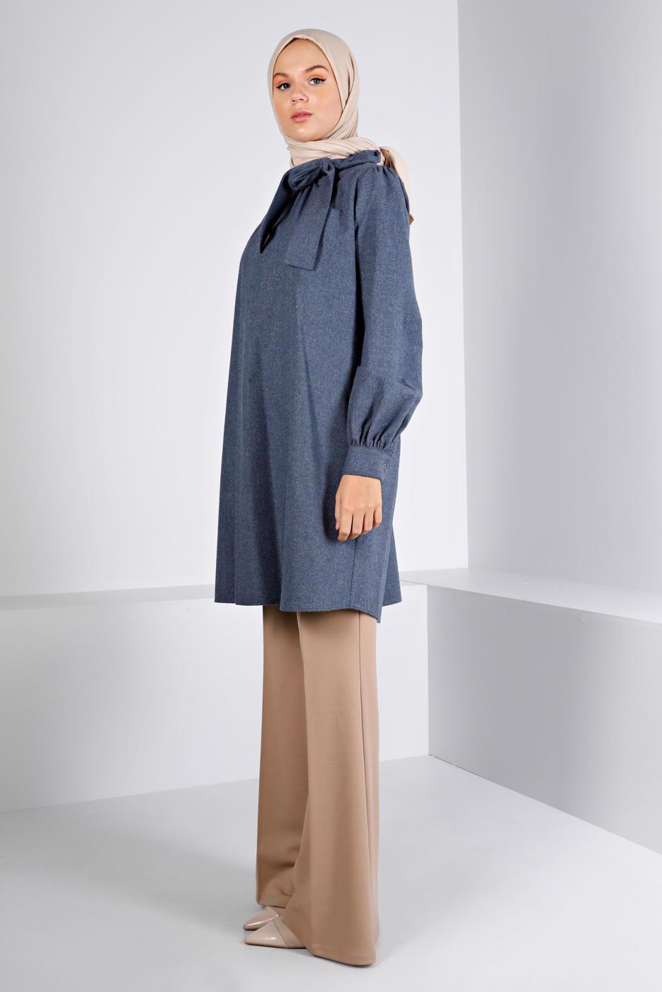 Tesettür giyim LACİVERT ALVİNA BAĞLAMA DETAYLI PAMUKLU TUNİK  T 42259