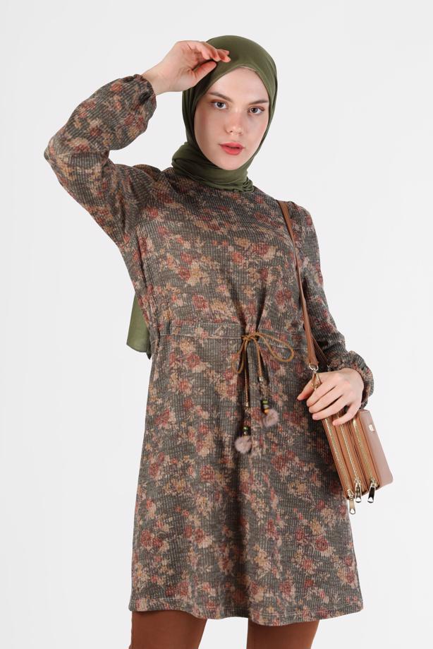 Hijab clothing KHAKI ALVINA SMOCKED WAIST TUNIC T 42319 - TRENDTESETTÜR