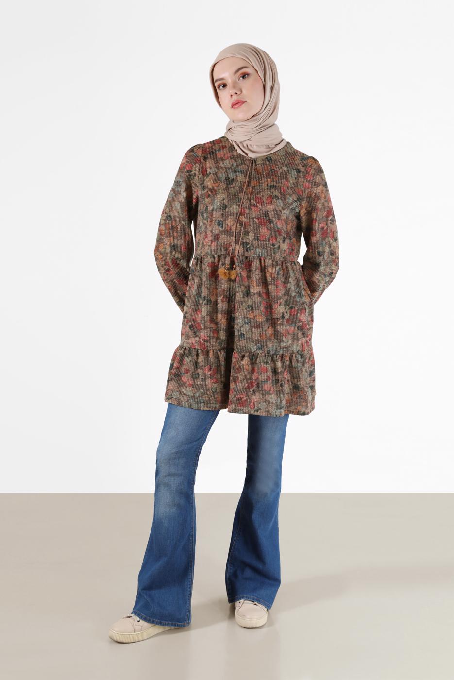 Tesettür giyim VİZON ALVİNA DESENLİ TUNİK T 42320 