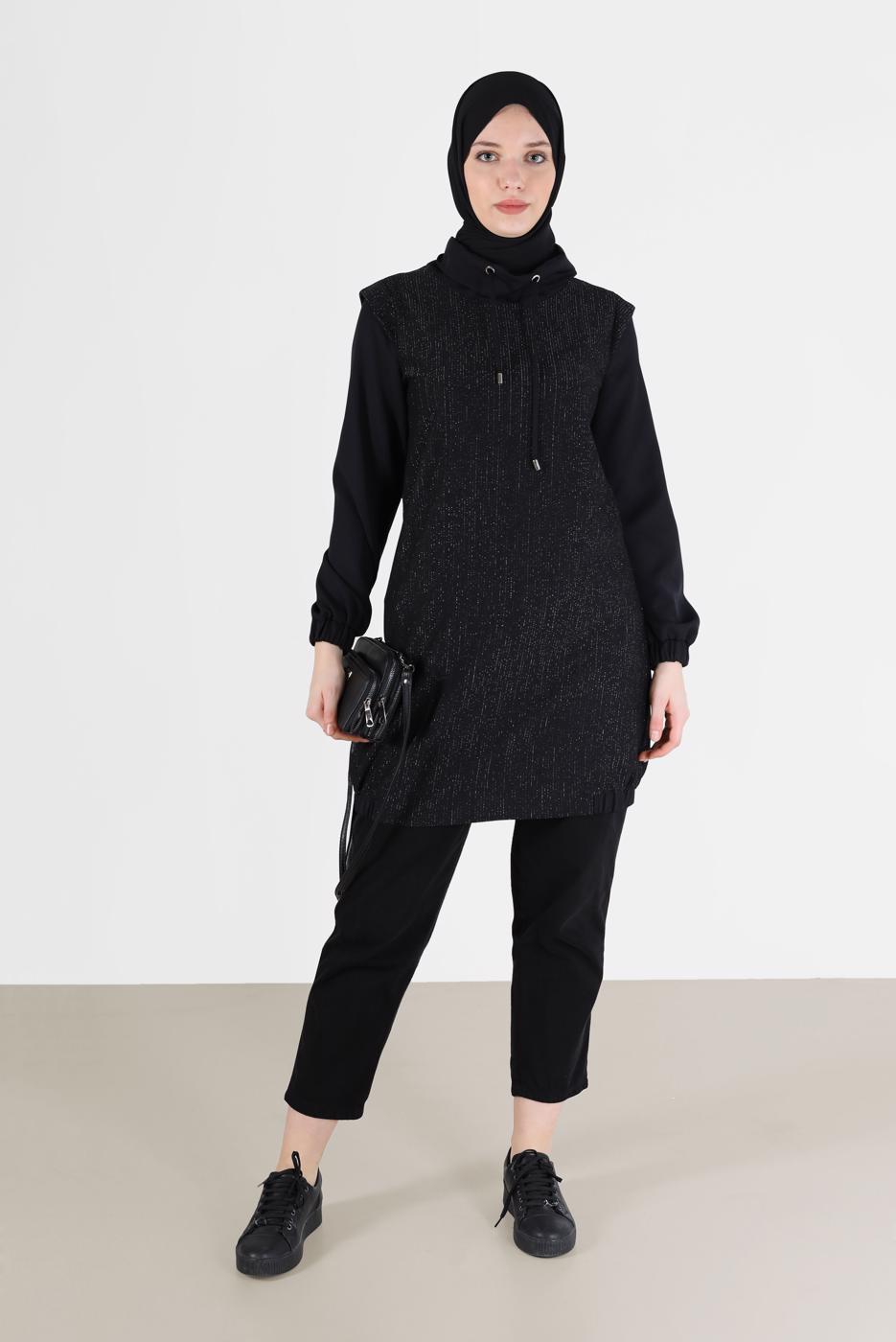 Tesettür giyim SİYAH ALVİNA SİMLİ TUNİK T 42357 