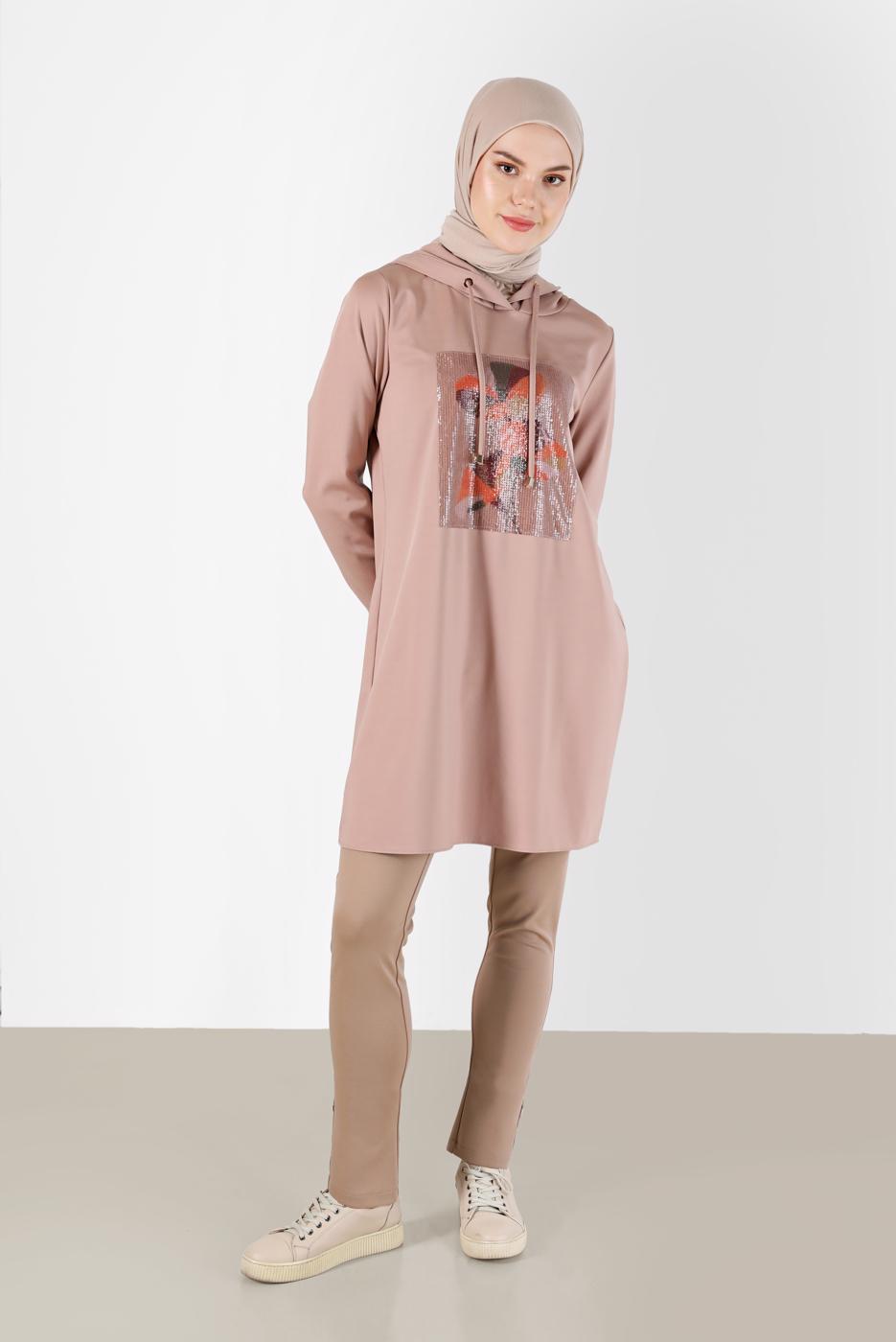 Tesettür giyim BEJ ALVİNA KAPÜŞONLU TUNİK T 42370