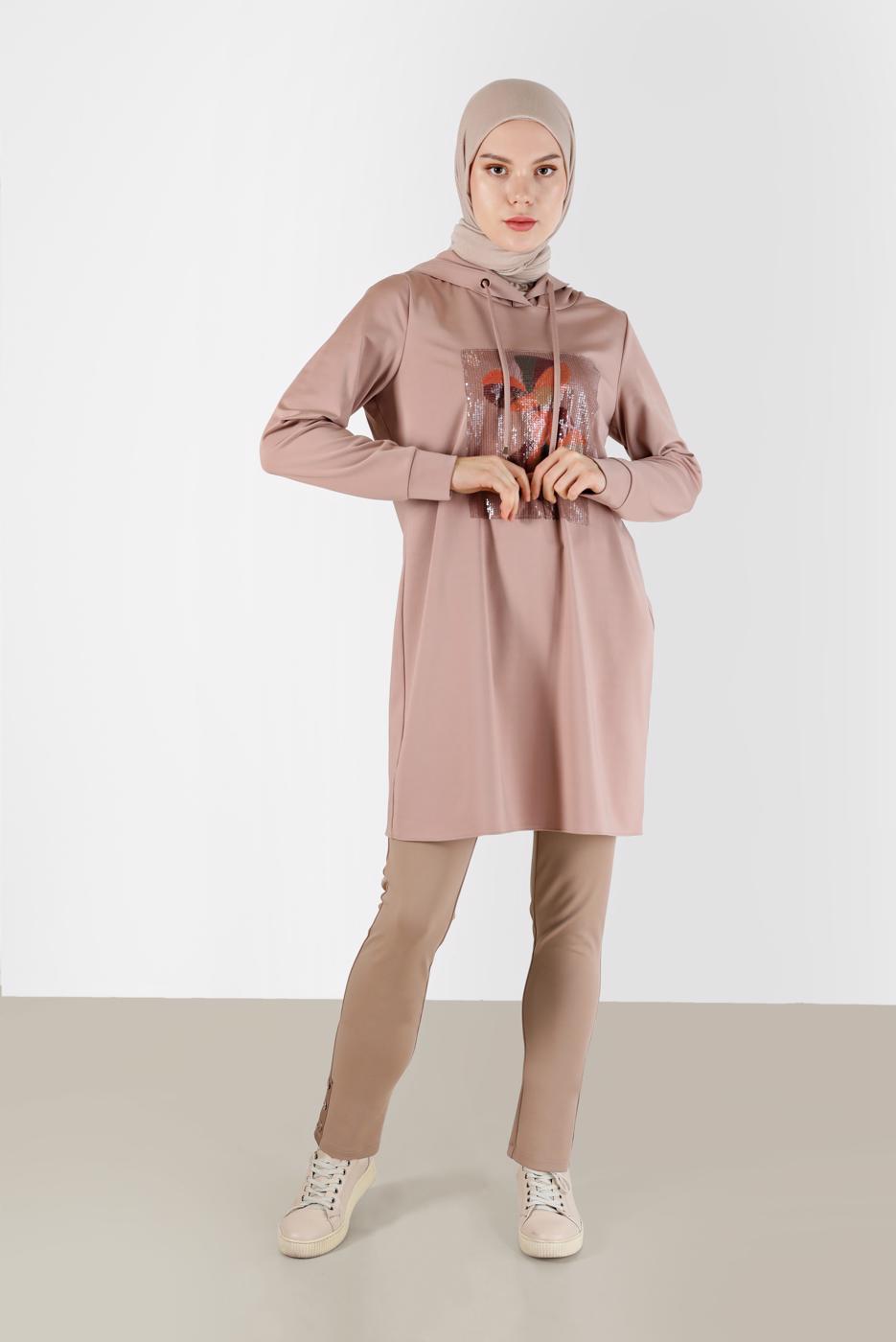 Tesettür giyim BEJ ALVİNA KAPÜŞONLU TUNİK T 42370