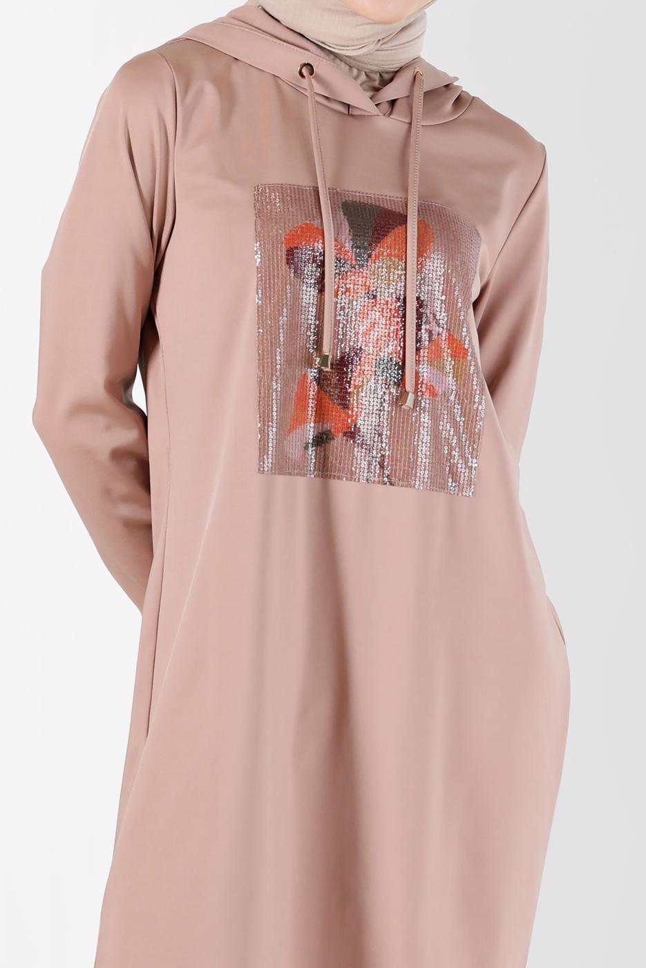 Tesettür giyim BEJ ALVİNA KAPÜŞONLU TUNİK T 42370