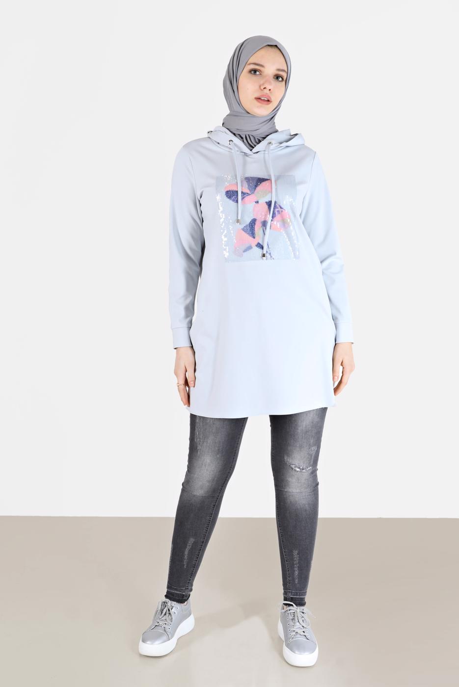 Tesettür giyim GÜMÜŞ ALVİNA KAPÜŞONLU TUNİK T 42370