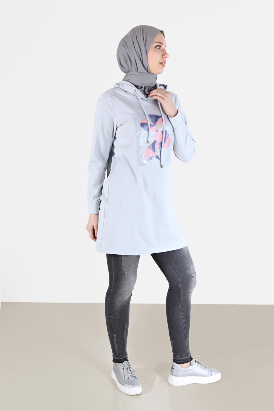 Tesettür giyim GÜMÜŞ ALVİNA KAPÜŞONLU TUNİK T 42370