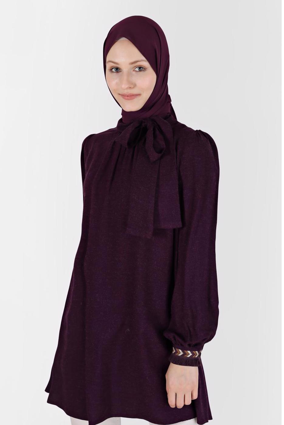 Tesettür giyim MOR ALVİNA BAĞLAMA DETAYLI TUNİK T 42376