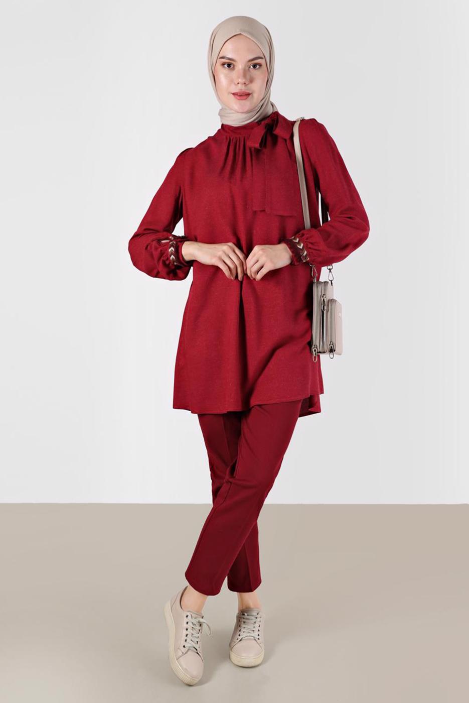 Tesettür giyim KIRMIZI ALVİNA BAĞLAMA DETAYLI TUNİK T 42376