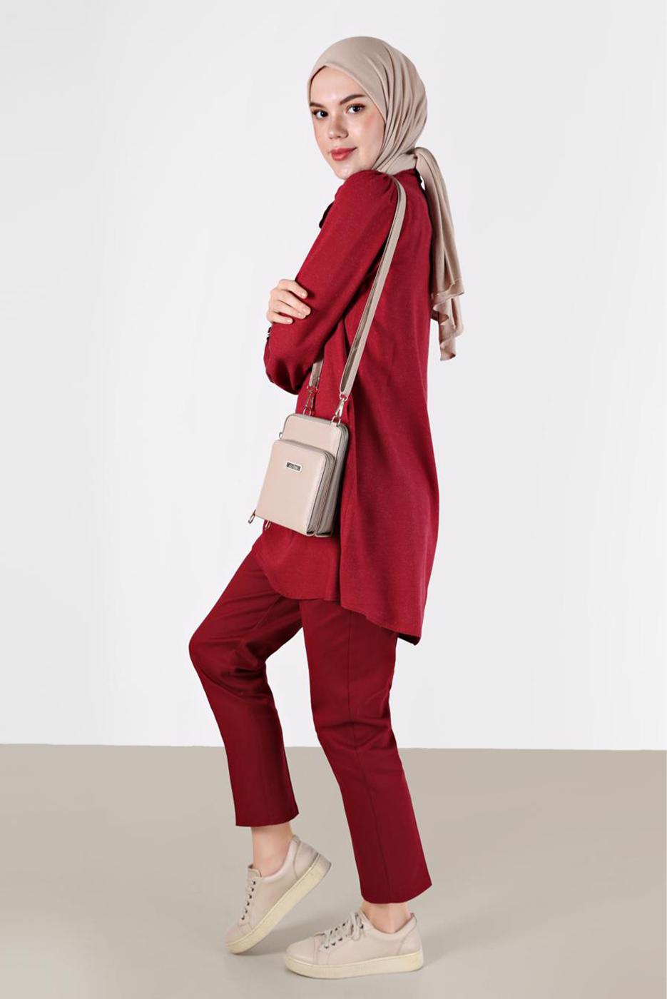 Tesettür giyim KIRMIZI ALVİNA BAĞLAMA DETAYLI TUNİK T 42376