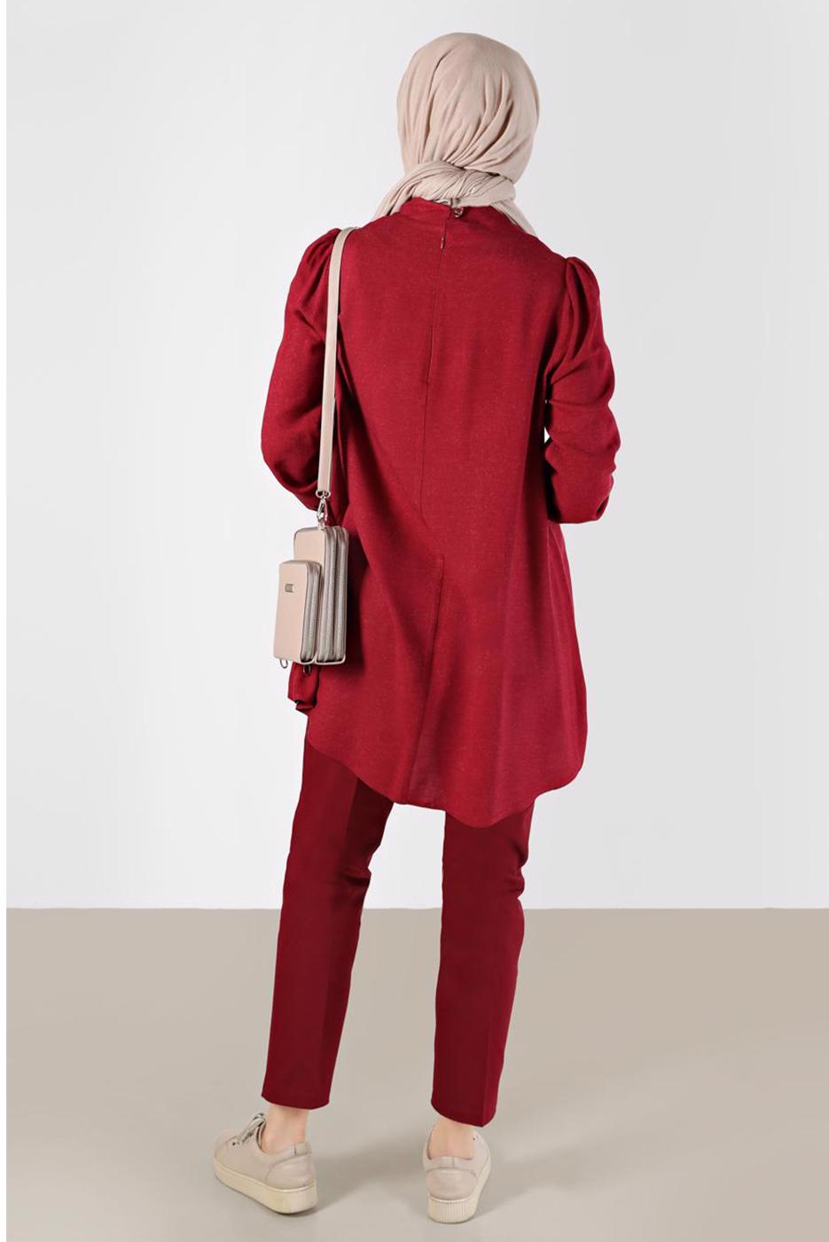 Tesettür giyim KIRMIZI ALVİNA BAĞLAMA DETAYLI TUNİK T 42376