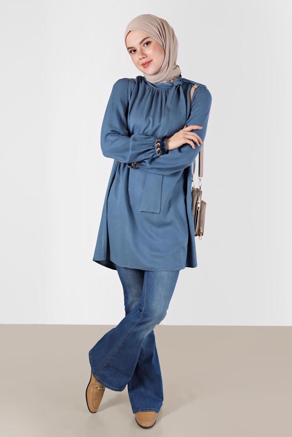 Tesettür giyim YEŞİL ALVİNA BAĞLAMA DETAYLI TUNİK T 42376