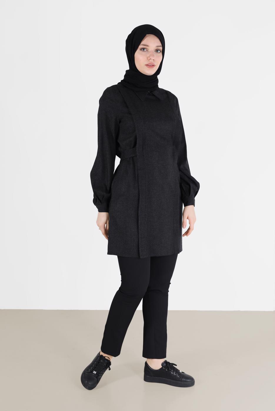 Tesettür giyim SİYAH ALVİNA BAĞLAMA DETAYLI TUNİK T 42377