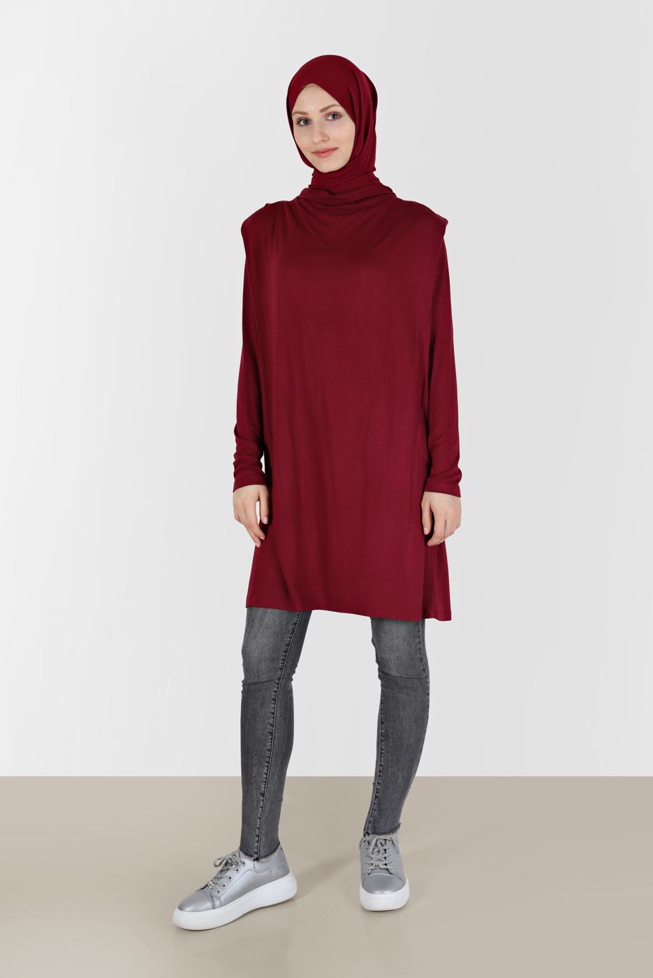 Tesettür giyim BORDO ALVİNA DÖKÜMLÜ YAKA TUNİK T 42389 