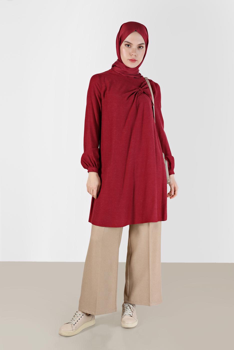 Tesettür giyim KIRMIZI ALVİNA KURDELE DETAYLI TUNİK T 42394 