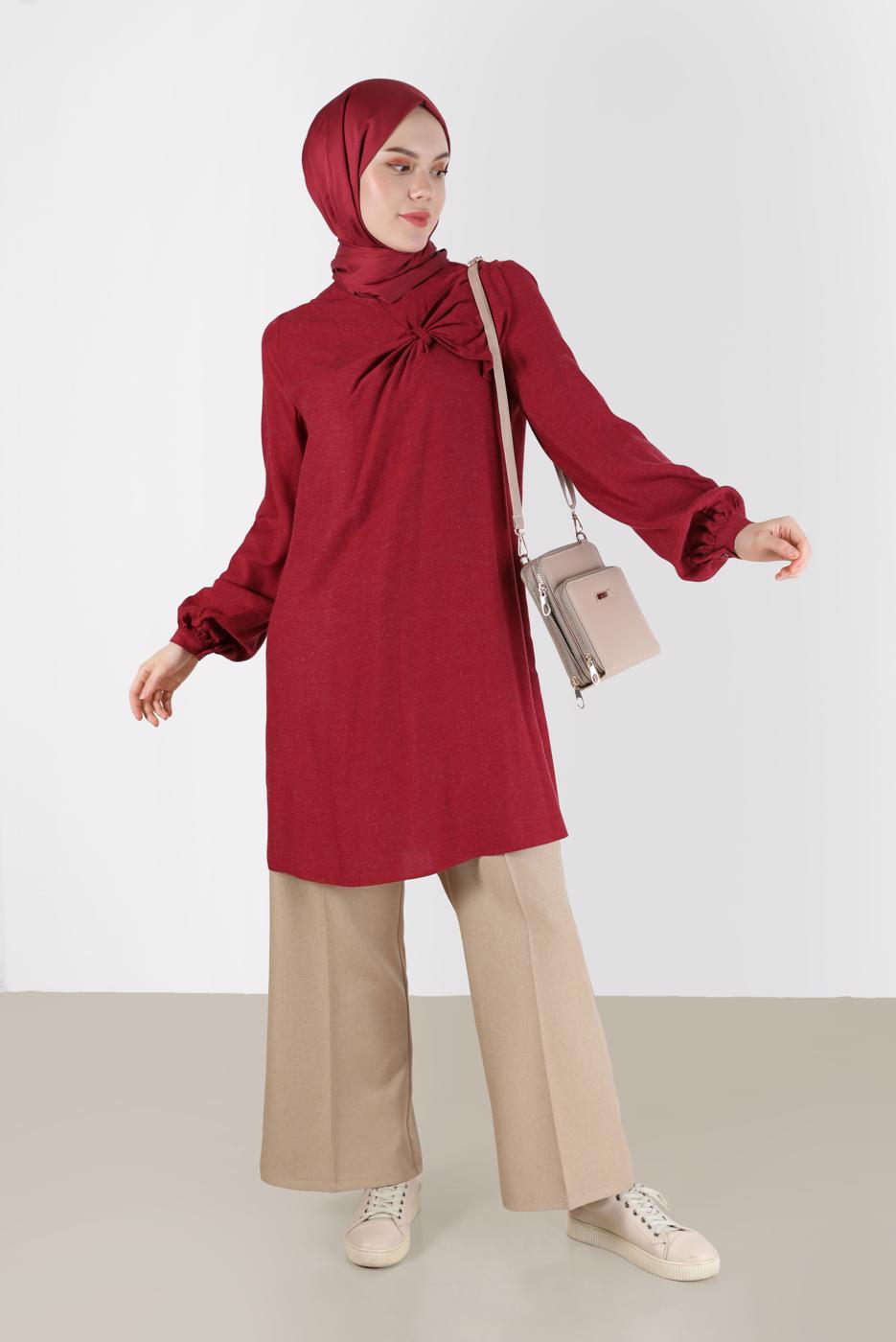 Tesettür giyim KIRMIZI ALVİNA KURDELE DETAYLI TUNİK T 42394 