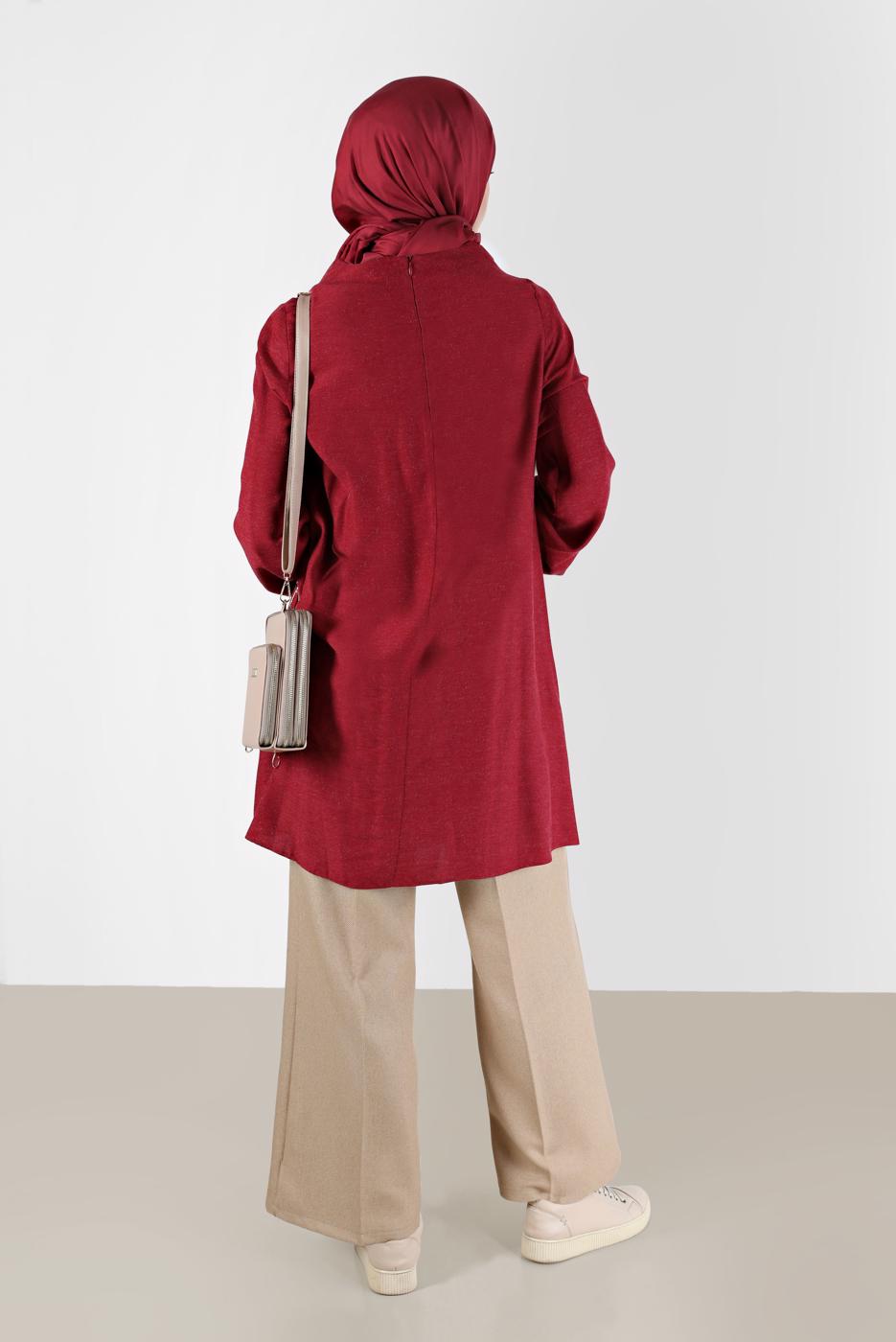 Tesettür giyim KIRMIZI ALVİNA KURDELE DETAYLI TUNİK T 42394 