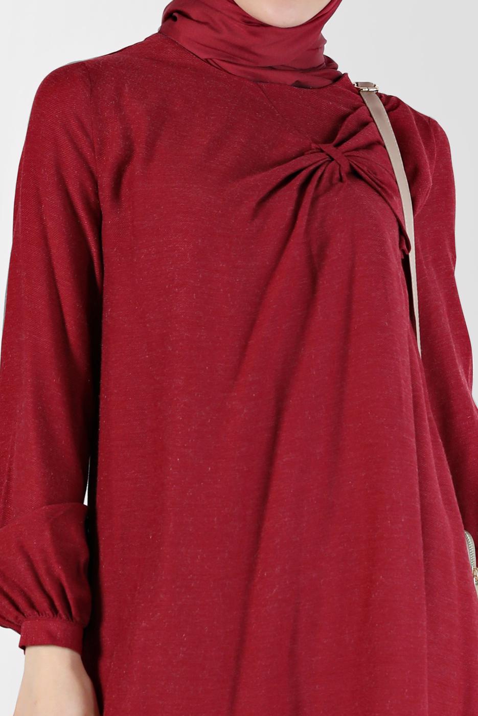 Tesettür giyim KIRMIZI ALVİNA KURDELE DETAYLI TUNİK T 42394 