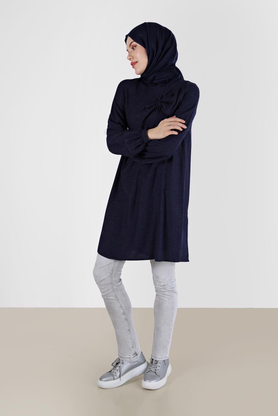 Tesettür giyim LACİVERT ALVİNA KURDELE DETAYLI TUNİK T 42394 