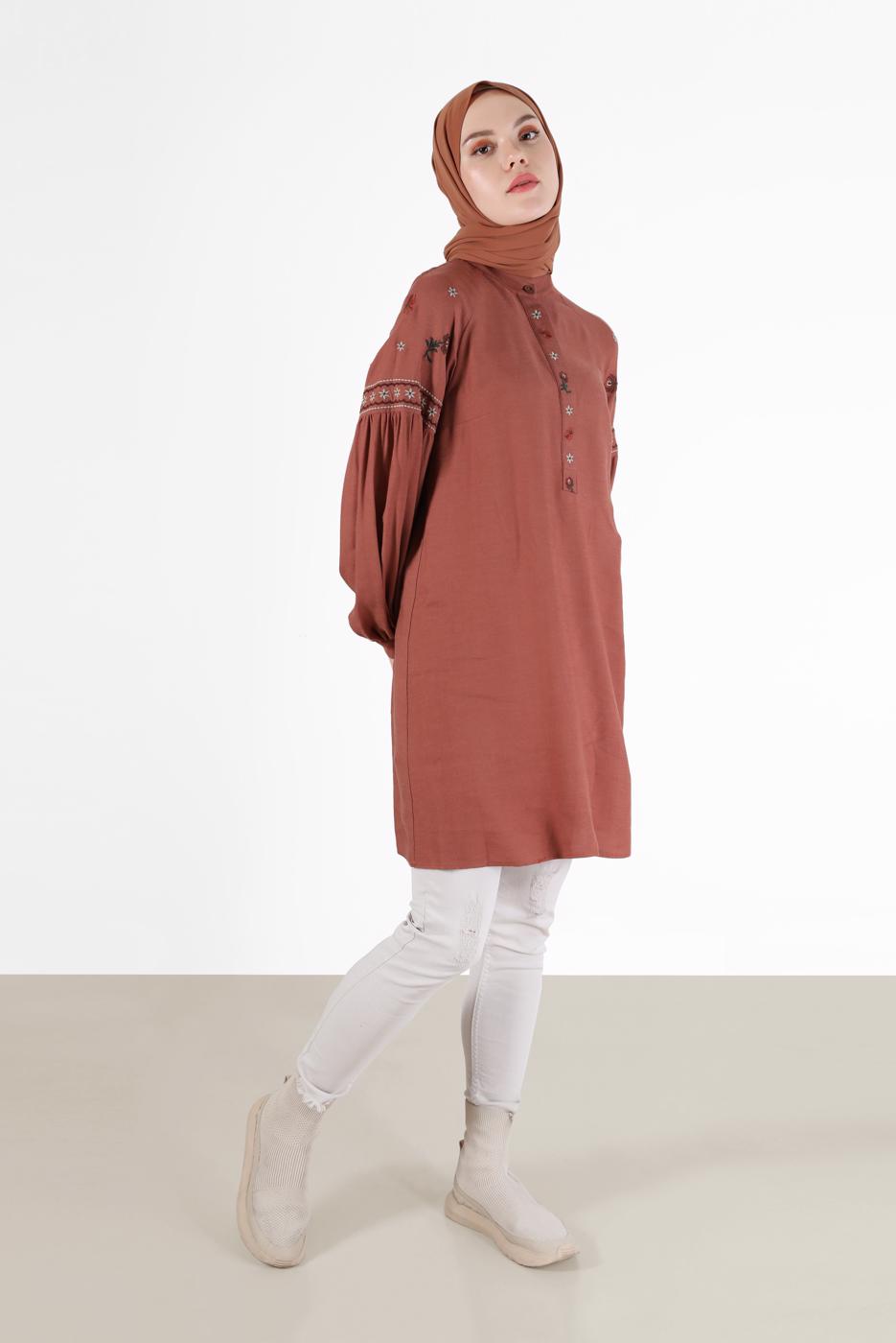 Tesettür giyim KAHVE ALVİNA İŞLEME DETAYLI TUNİK T 42396 