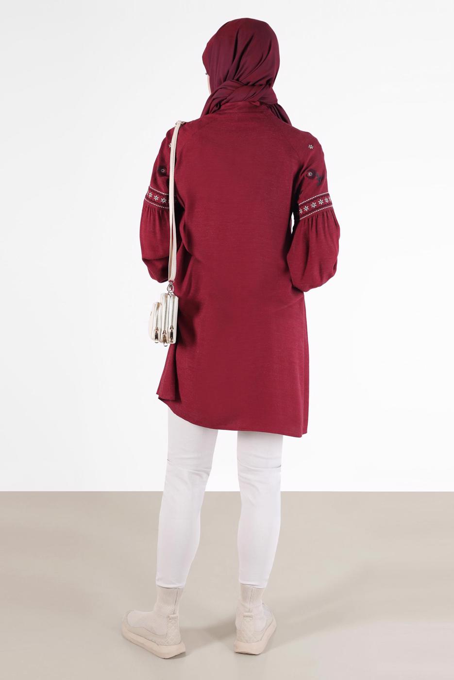 Tesettür giyim KIRMIZI ALVİNA İŞLEME DETAYLI TUNİK T 42396 