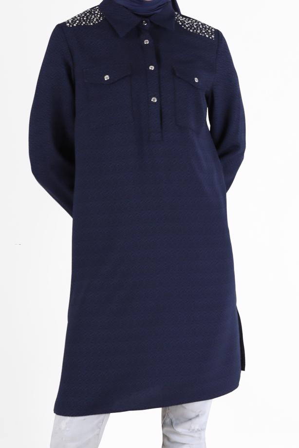 Tesettür giyim LACİVERT ALVİNA OMUZLARI TAŞ DETAYLI TUNİK T 42429 - TRENDTESETTÜR