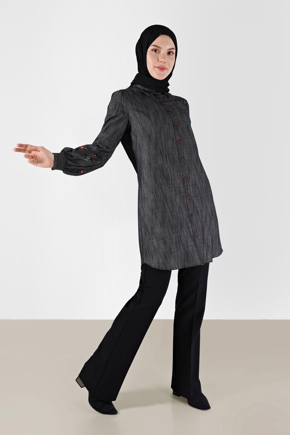 Tesettür giyim SİYAH ALVİNA GÖMLEK YAKA TUNİK T 42432