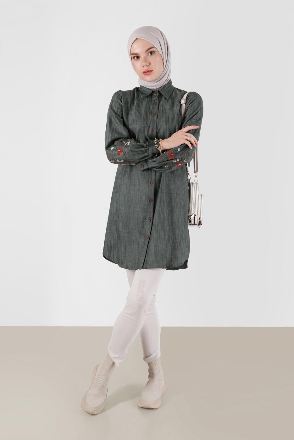 Tesettür giyim HAKİ ALVİNA GÖMLEK YAKA TUNİK T 42432