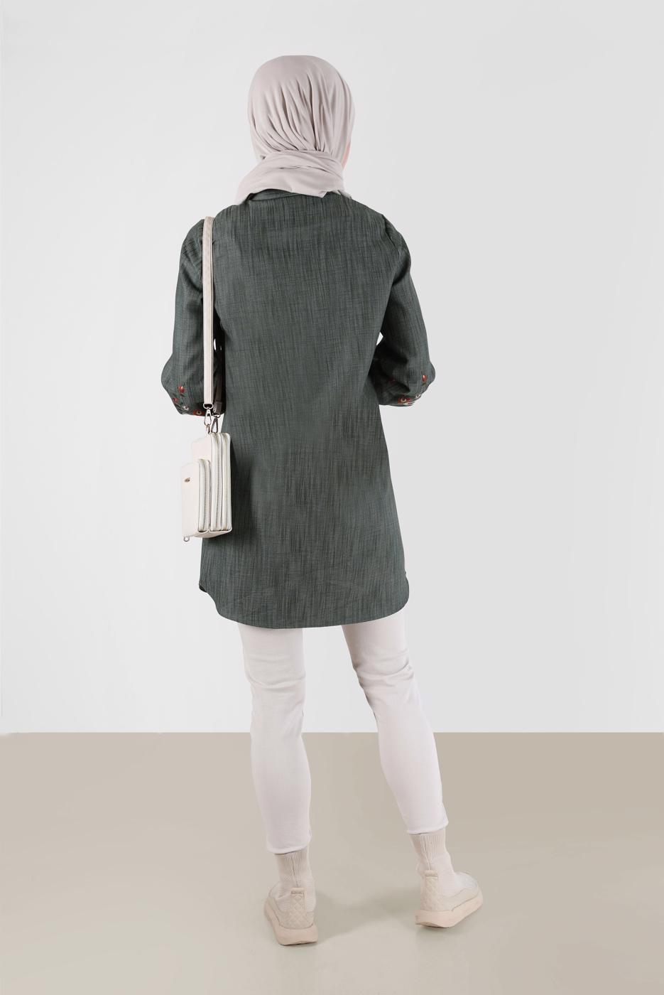 Tesettür giyim HAKİ ALVİNA GÖMLEK YAKA TUNİK T 42432