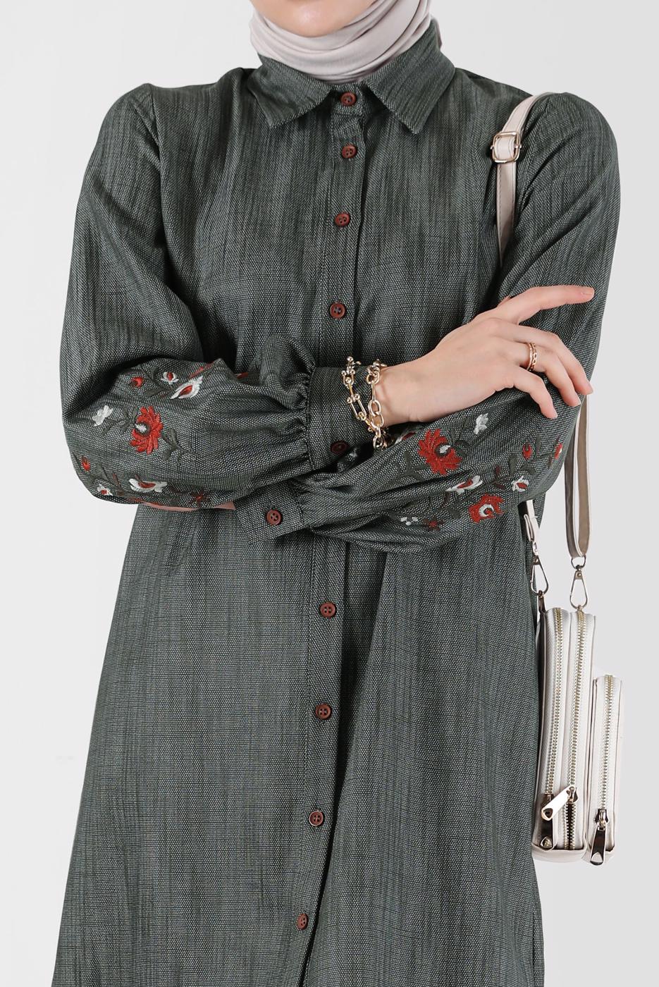 Tesettür giyim HAKİ ALVİNA GÖMLEK YAKA TUNİK T 42432