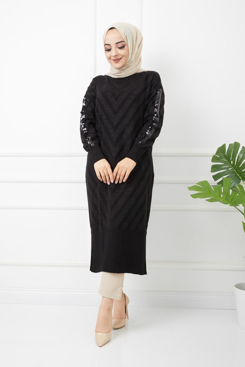 Tesettür giyim SİYAH KOLLARI PUL DETAYLI UZUN TRİKO TUNİK 7529 