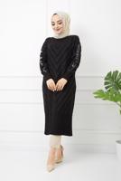 Tesettür giyim SİYAH KOLLARI PUL DETAYLI UZUN TRİKO TUNİK 7529 