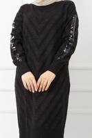 Tesettür giyim SİYAH KOLLARI PUL DETAYLI UZUN TRİKO TUNİK 7529 