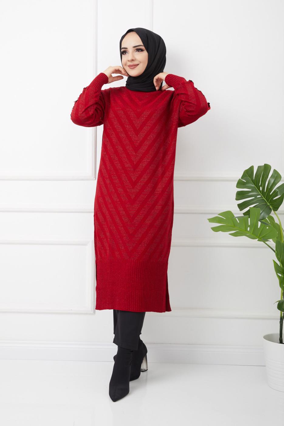 Tesettür giyim KIRMIZI KOLLARI PUL DETAYLI UZUN TRİKO TUNİK 7529 