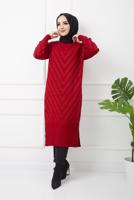 Tesettür giyim KIRMIZI KOLLARI PUL DETAYLI UZUN TRİKO TUNİK 7529 