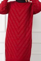 Tesettür giyim KIRMIZI KOLLARI PUL DETAYLI UZUN TRİKO TUNİK 7529 