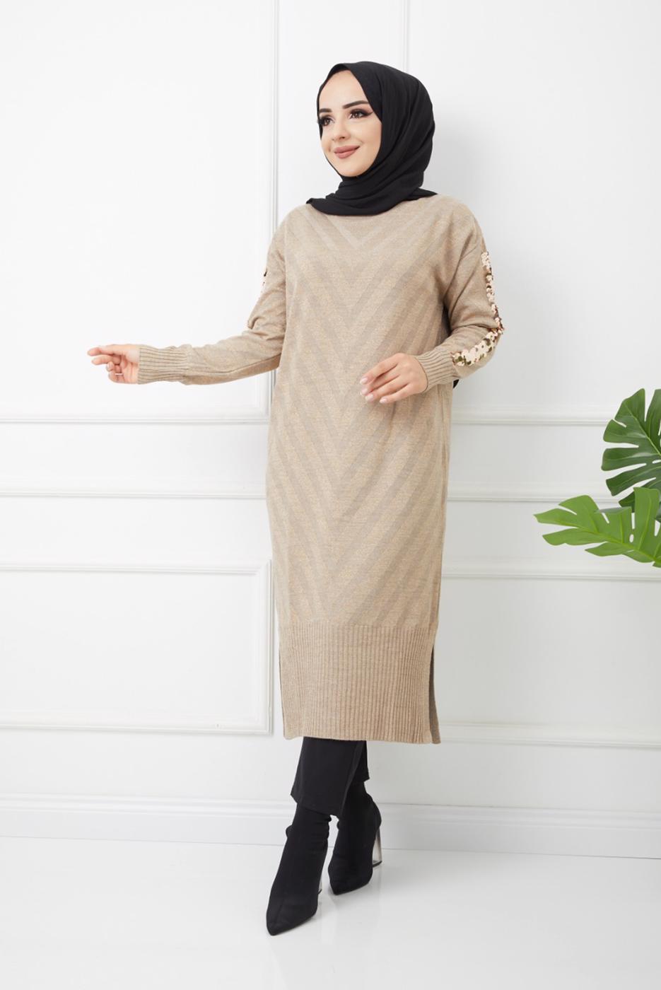 Tesettür giyim BEJ KOLLARI PUL DETAYLI UZUN TRİKO TUNİK 7529 