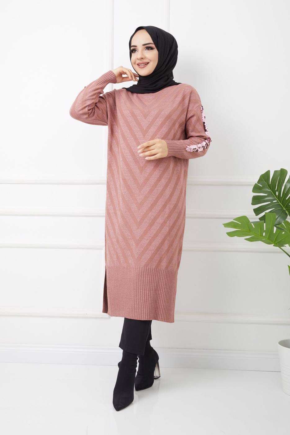 Tesettür giyim PUDRA KOLLARI PUL DETAYLI UZUN TRİKO TUNİK 7529 