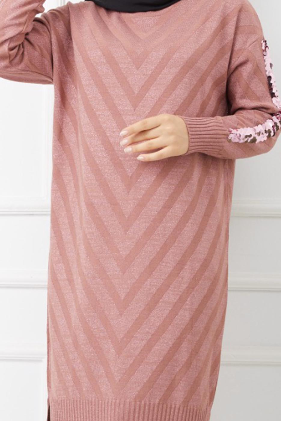 Tesettür giyim PUDRA KOLLARI PUL DETAYLI UZUN TRİKO TUNİK 7529 