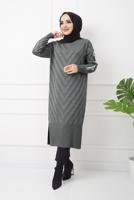 Tesettür giyim GRİ KOLLARI PUL DETAYLI UZUN TRİKO TUNİK 7529 